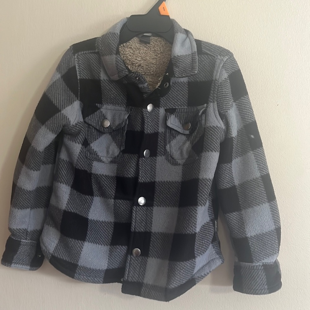 Eddie Bauer Jacket Boys 4/5 Black Gray Plaid Fleece Shacket Flawed